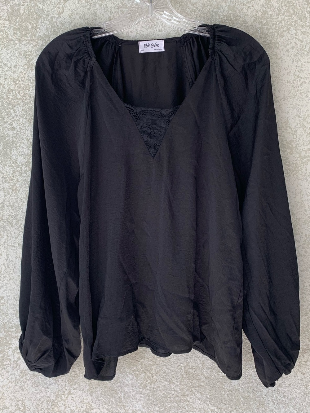 Love Sadie Black V-Neck Lace Inset  Blouse Small Long Sleeves Boho Chic